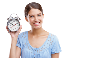 Portrait, smile and woman with a clock for an alarm, time or reminder. Happy, vintage device and a female holding a tool for timing, showing timer or morning isolated on a transparent png background
