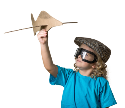 Little girl with paper plane on white background