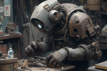 A robot with a welder's mask, welding metal