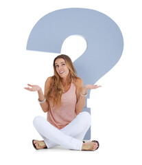 Question mark, confused and doubt with woman on png background for problem solving, why and idea....