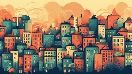 City skyline background illustration drawing style, building and architecture.