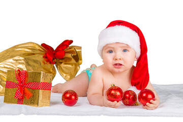 funny baby dressed in Santa Claus hat on bright festive background