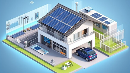 Illustration of sustainable home powered by green energy and solar panels.