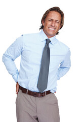 Business, back pain and man with injury, problem and guy isolated against a transparent studio background. Male employee, worker and consultant with strain, muscle tension and issue on png backdrop