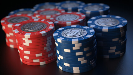 Stack of poker chips and cards, gambling at casino.