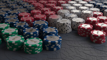 Stack of poker chips and cards, gambling at casino.