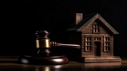 Judge auction and real estate concept.
Gavel justice hammer and minitiature house model.