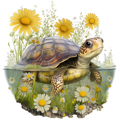 turtle and flower on the water  isolated on white background