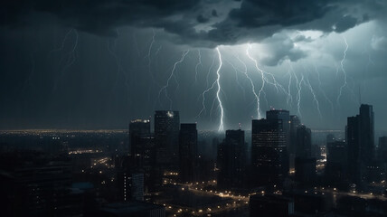 Thunderstorm and rain in city, background skyline with building and skyscrapers.