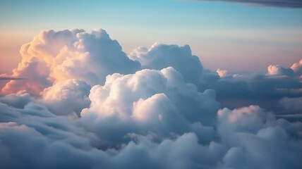 Clouds high in the sky, view from airplane, blue sky and sunrise.