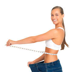 Fototapeta na wymiar Portrait, waist and woman with weight loss, excited and lady isolated against a transparent background. Face, female person and happy model measuring her tummy, png and fitness with diet and wellness