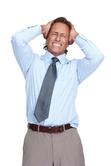 Stress, burnout and anxiety headache of a businessman overwhelmed with career problem or fail. Mental breakdown, frustrated and tired corporate man depressed isolated on a transparent png background