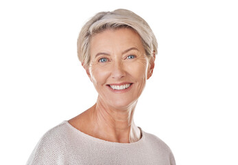 Senior woman is happy in portrait with smile, headshot and retirement isolated on transparent or png background. Healthy, wellness and happiness with confident female, natural beauty and wrinkles - obrazy, fototapety, plakaty