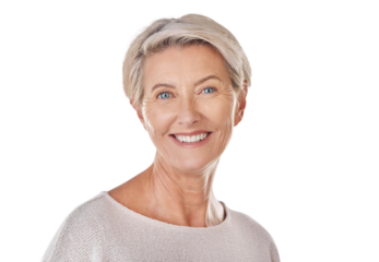 Senior woman is happy in portrait with smile, headshot and retirement isolated on transparent or png background. Healthy, wellness and happiness with confident female, natural beauty and wrinkles