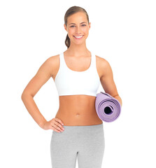 Portrait, yoga and a woman with a mat for fitness isolated on transparent png background. Gym, training and wellness with a female athlete or yogi carrying equipment for balance exercise and workout
