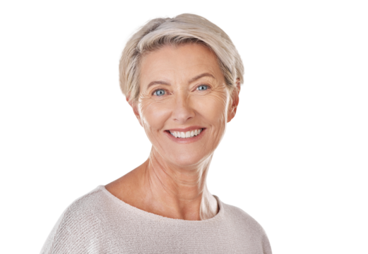 Senior woman is happy in portrait with smile, headshot and retirement isolated on transparent or png background. Healthy, wellness and happiness with confident female, natural beauty and wrinkles