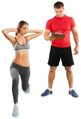 Young couple training together on white background
