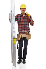 Builder man, construction worker and portrait by ladder for maintenance, job or engineering with...