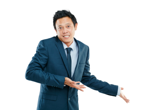 Portrait, shrugging and business with Asian man, product placement and businessman isolated on transparent png background. Male person, entrepreneur and worker on space for presentation and branding