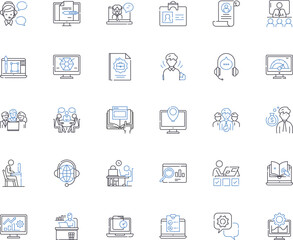 Virtual enterprise line icons collection. Simulation, Virtualization, Entrepreneurship, Digitalization, E-commerce, Cybersecurity, Collaboration vector and linear illustration. Innovation,Automation