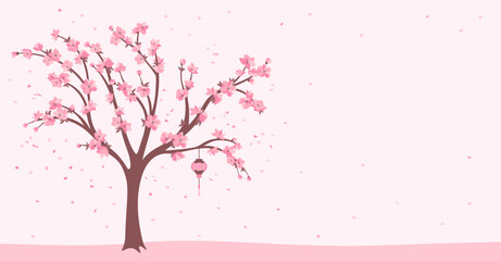 Sakura cherry blossom tree banner, template or card. Elegant Japanese blooming plant with pink flower petals, Chinese lantern. Asian cultural spring blossoming background. Vector oriental illustration