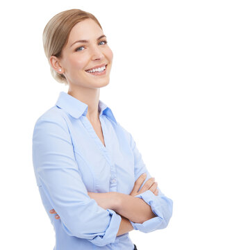 Portrait, vision and arms crossed with a woman employee isolated on a transparent background. Mindset, mission or professional with a confident and attractive young business female standing on PNG