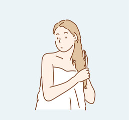 Lovely female with wet hair, takes shower, dries head with towel. Hand drawn style vector design illustrations.