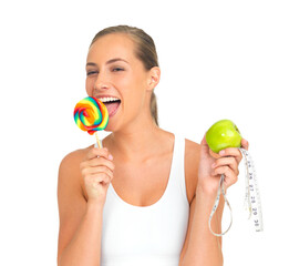 Lollipop, apple and tape measure with a woman isolated against a transparent background on her cheat day. PNG, exercise and diet for weight loss with a happy female athlete licking a candy sweet