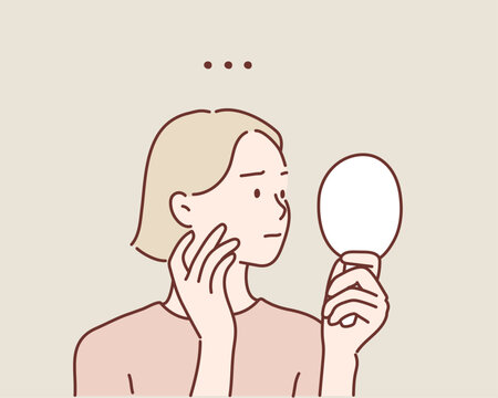 Young woman looking at mirror at home. feeling puzzled and worried. Hand drawn style vector design illustrations.