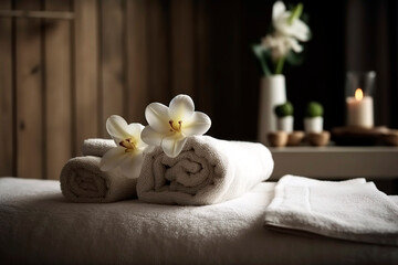 Fototapeta na wymiar Composition with towels, flowers and stones on massage table in spa salon.