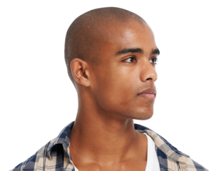 Man, face and thinking with vision and mindset isolated on transparent or png background. Focus, freedom and mind with young male, gen z and search for inspiration or motivation and posing