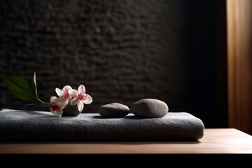 Obraz na płótnie Canvas Composition with towels, flowers and stones on massage table in spa salon.