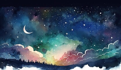 Obraz na płótnie Canvas sky with clouds and star watercolor background