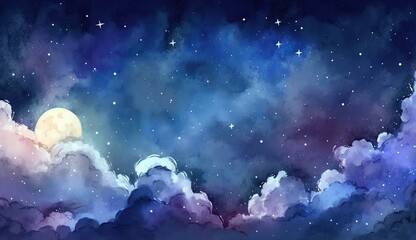sky with clouds and star watercolor background