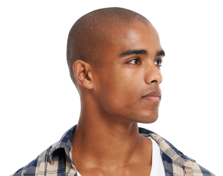 Man, face and thinking with vision and mindset isolated on transparent or png background. Focus, freedom and mind with young male, gen z and search for inspiration or motivation and posing