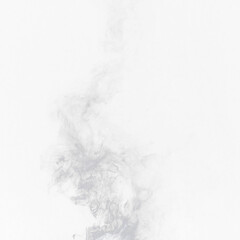 Grey smoke, white background and studio with no people with fog in the air. Smoking, smog swirl and isolated with smoker art from cigarette or pollution with graphic space for incense creativity
