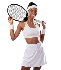 Tennis, happy portrait and woman with racket isolated on a transparent png background. Young athlete, indian female and smile in uniform with bat for contest, sports competition and fitness training