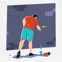 graffiti artist, mural painter paint on brick wall with spray paint. creative occupation. back view. flat vector illustration. © Irkhamsterstock