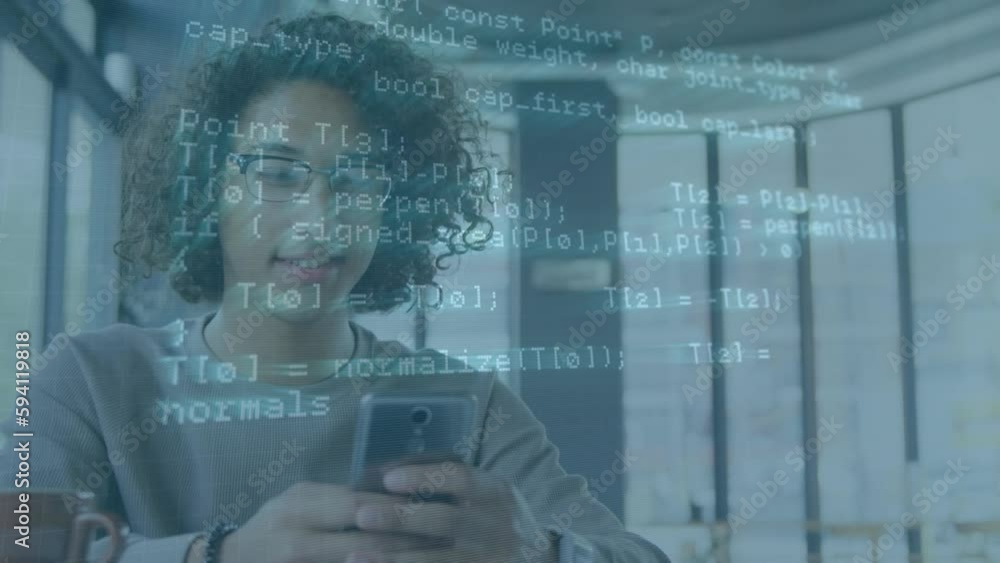 Poster animation of data processing against biracial man smiling while using smartphone at office