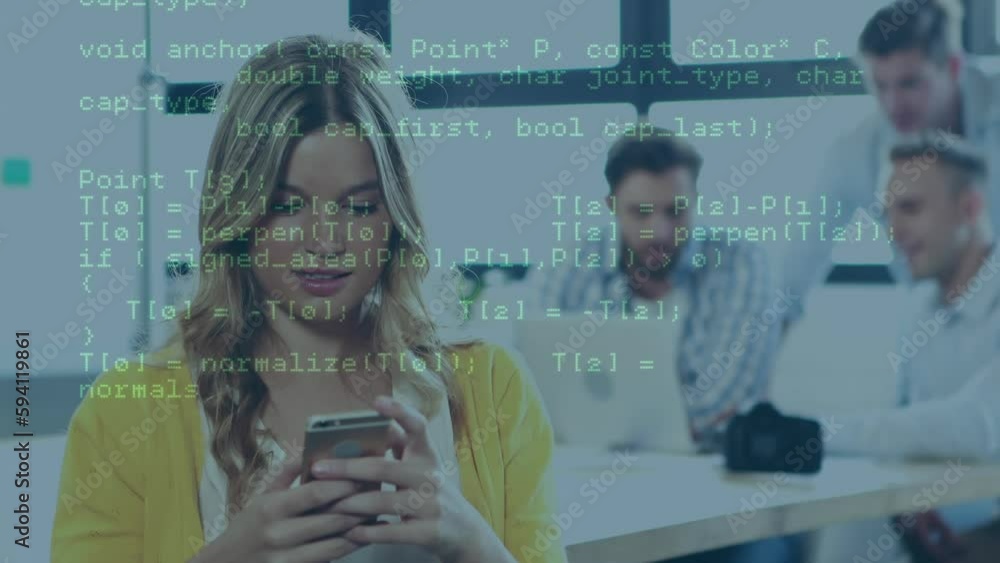 Poster animation of data processing against caucasian woman using smartphone and smiling at office