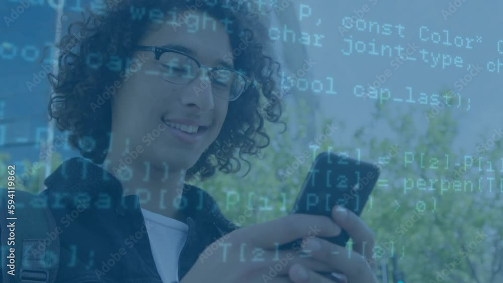 Poster animation of data processing against biracial man smiling while using smartphone outdoors