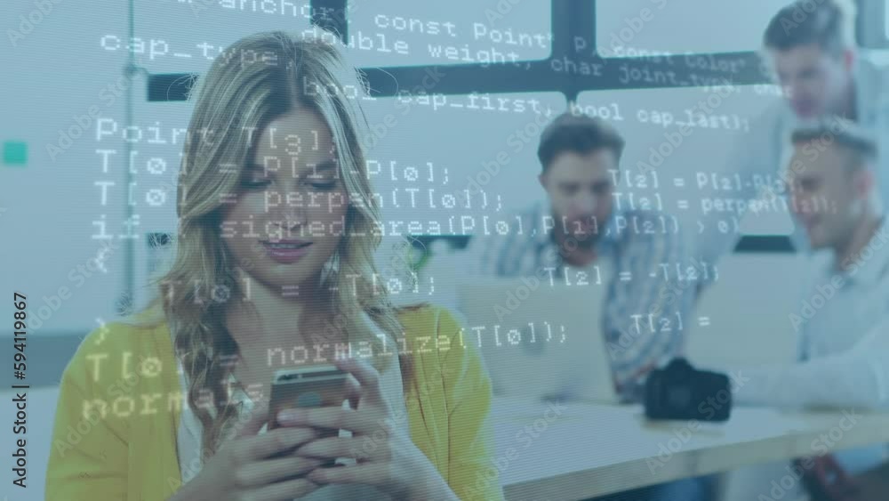 Aufkleber animation of data processing against caucasian woman using smartphone and smiling at office