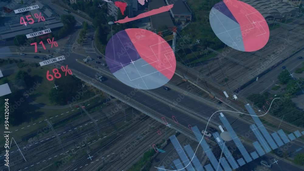 Poster animation of statistical data processing over grid network against aerial view of city traffic
