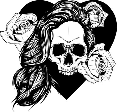 silhouette Vector skull with flowers. Outline dead head isolated on white background. S