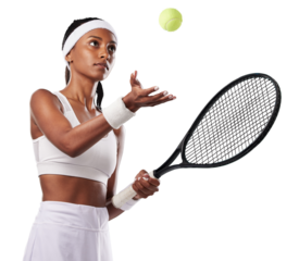 Tennis, ball throw and woman with racket isolated on a transparent png background. Serious young athlete, indian female and bat to start contest, serve at sports competition or training of tournament