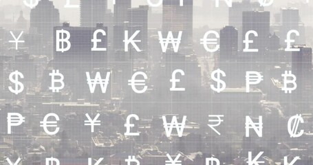 Animation of currency symbols and data processing over cityscape - Powered by Adobe