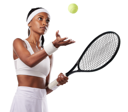 Tennis, ball throw and woman with racket isolated on a transparent png background. Serious young athlete, indian female and bat to start contest, serve at sports competition or training of tournament