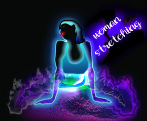 Woman stretching in neon painting with magenta colors and degrees