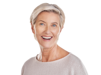Happy, beauty and portrait of a senior woman isolated on a transparent png background. Smile, confident and headshot of the face of an elderly lady in retirement with happiness and looking beautiful