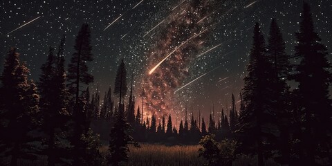 Obraz premium Abstract time lapse night sky with shooting stars over forest landscape. Milky way glowing lights background. 